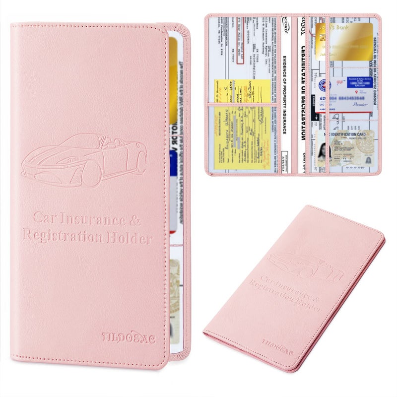 TILDOSAC Leather Car Registration and Insurance Card Holder  Car Document Holder for Cards License with Magnetic Shut (Pink  large) - Image 1